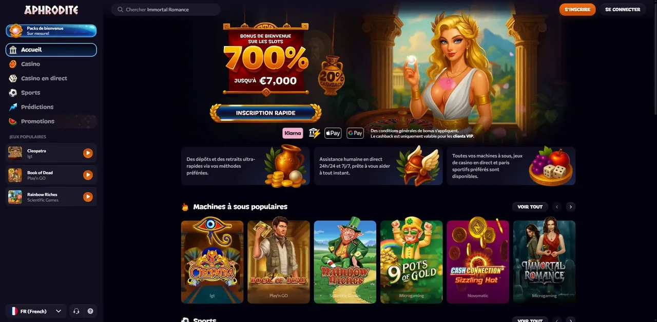 Page du bonus de bienvenue 700 % dans l'espace joueur