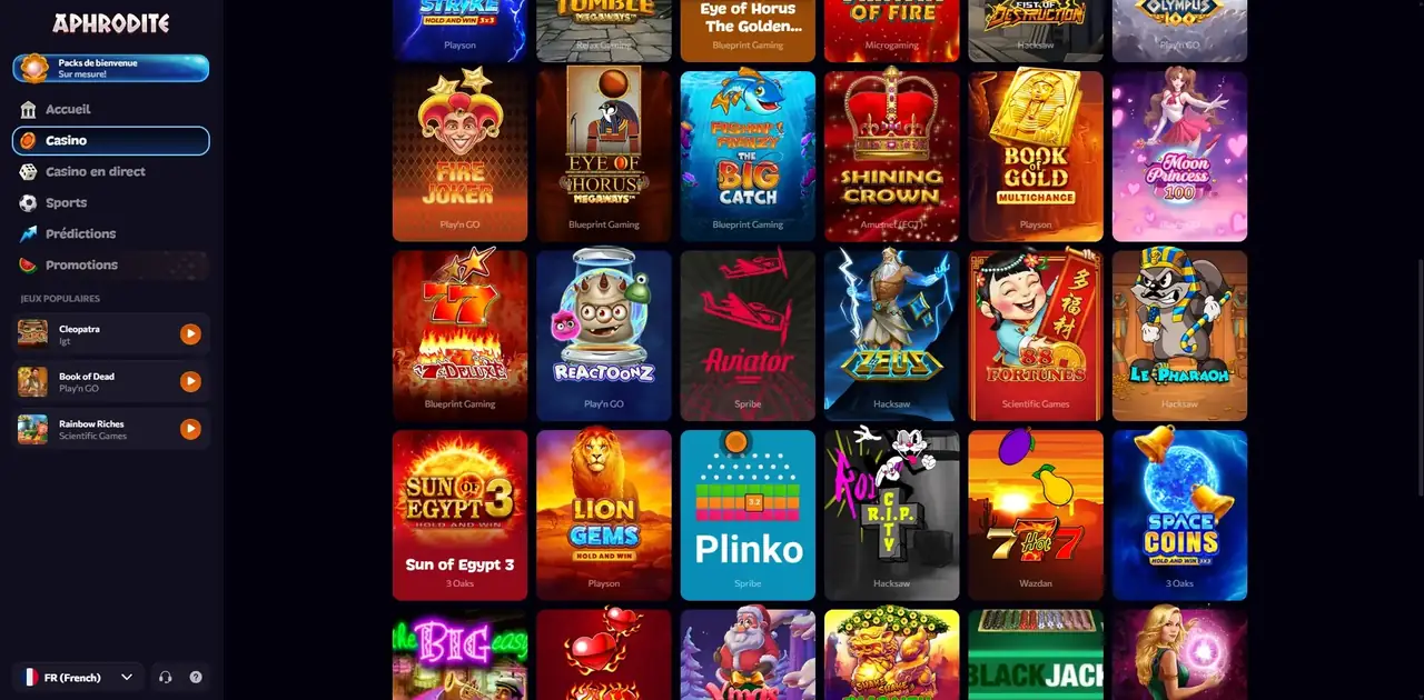 Lobby des jeux du casino avec filtres par catégorie