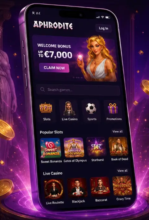 Interface mobile d'Aphrodite Casino avec le bonus de bienvenue jusqu'à 7 000 €